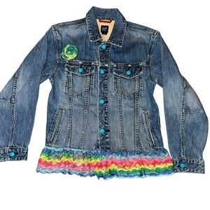 GAP Kids Denim Jacket with Rainbow Trim Girls Size XL Blue Denim Custom Made